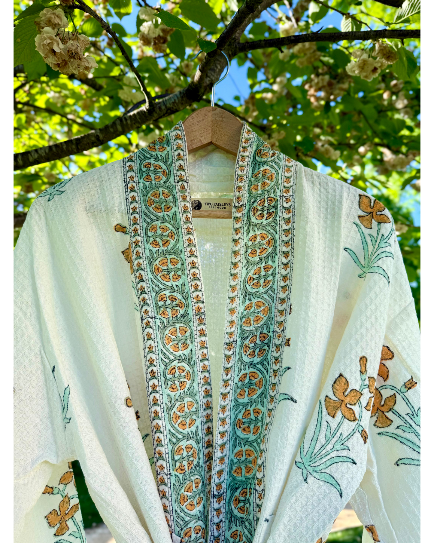 Johri Block Printed Waffle Cotton Bath Robe Kimono Dressing Gown