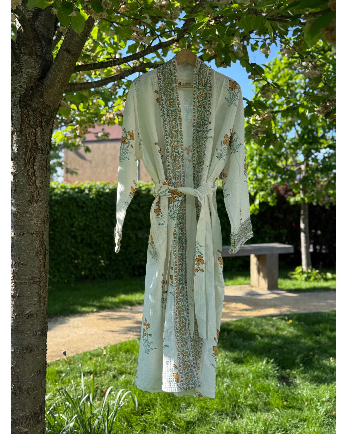 Johri Block Printed Waffle Cotton Bath Robe Kimono Dressing Gown