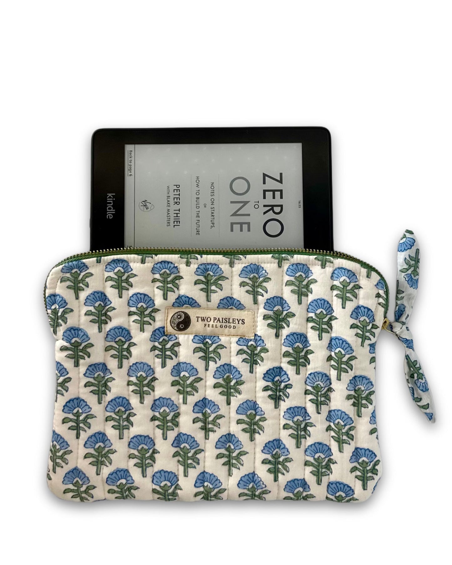 Blue Blossom Floral Kindle Sleeve – Quilted Cotton Pouch for Travel or Gifts