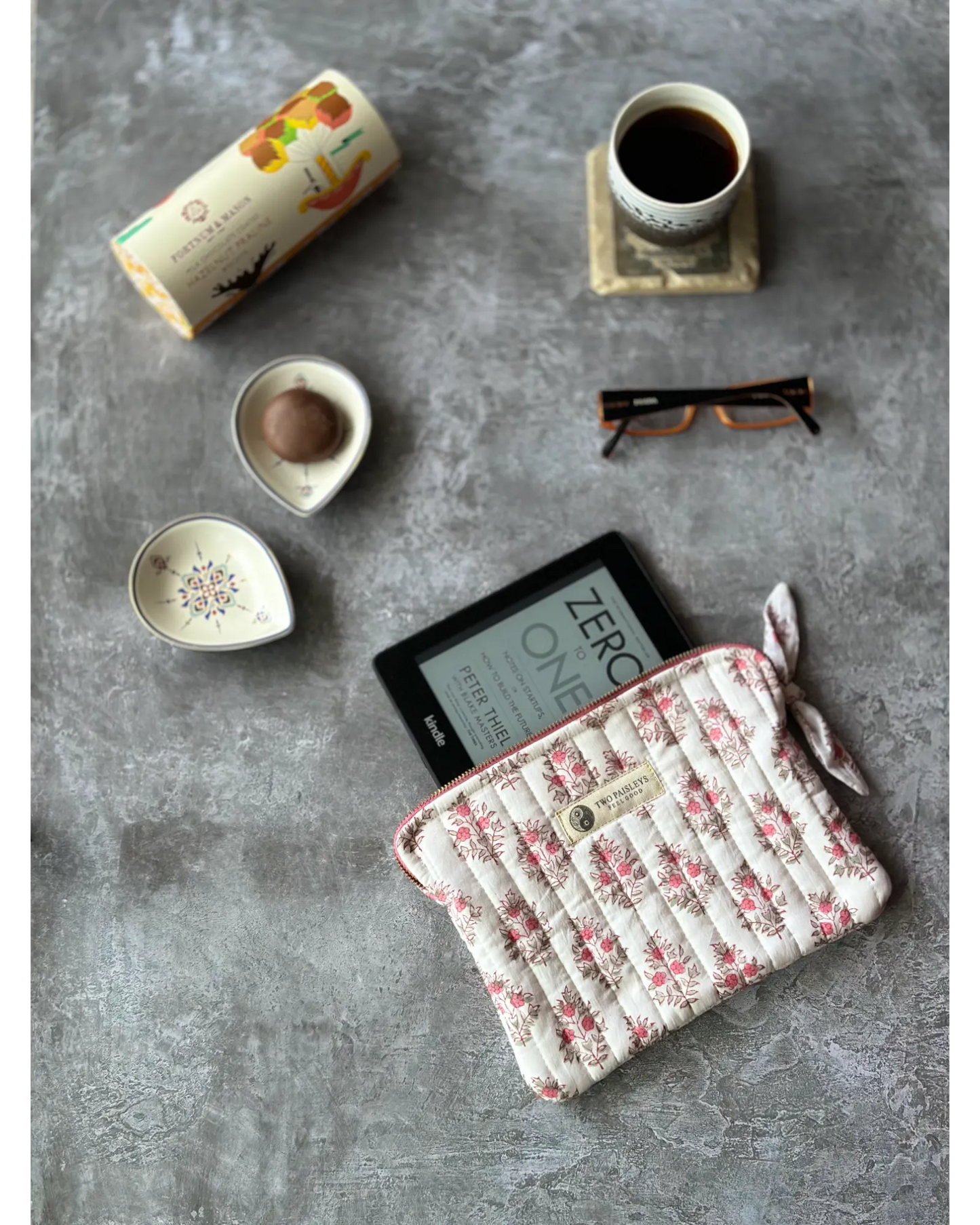 Hand block printed cotton Kindle cover by Two Paisleys