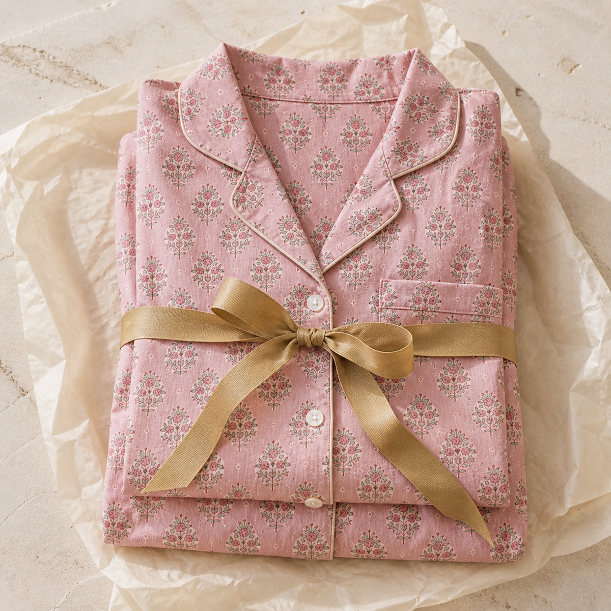 Women’s Blush Floral hand block printed cotton pyjama set in a relaxed fit