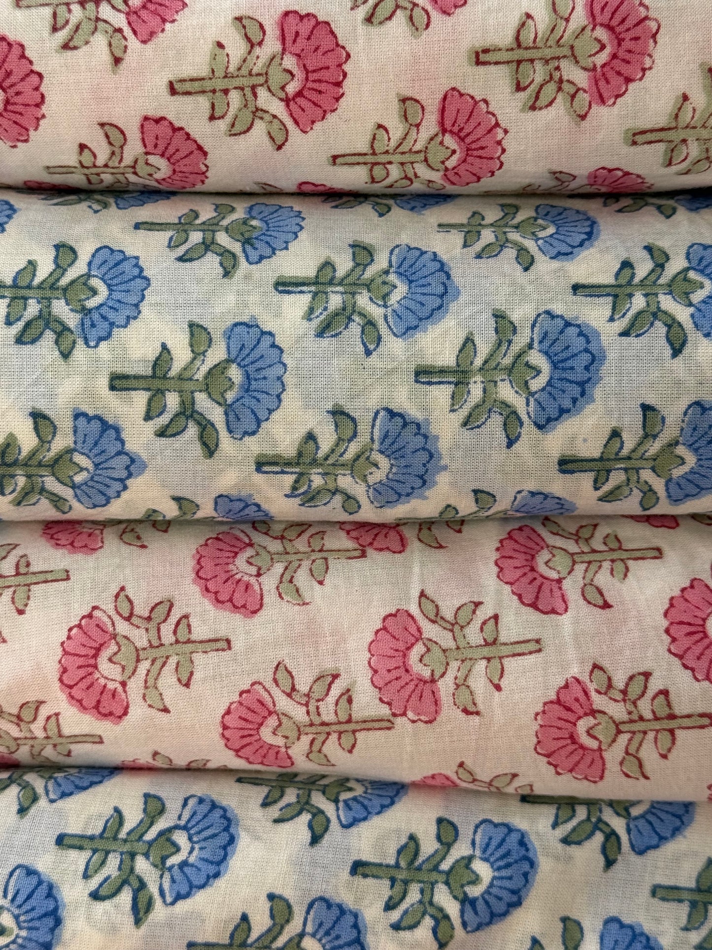 Blue Pink Blossom Floral Cotton Block Print Sewing Craft Fabric