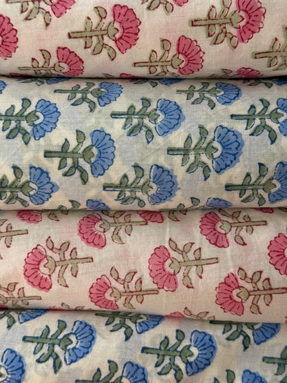 Blue Pink Blossom Floral Cotton Block Print Sewing Craft Fabric