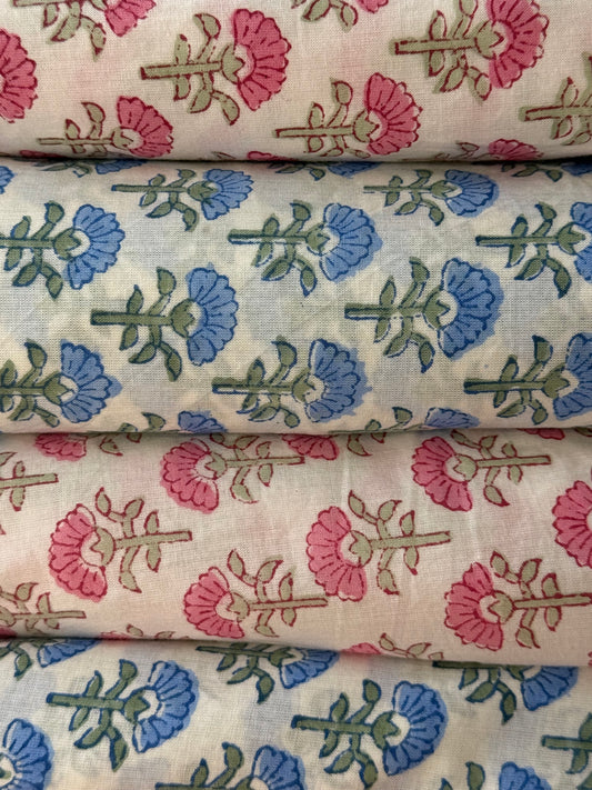 Blue Pink Blossom Floral Cotton Block Print Sewing Craft Fabric