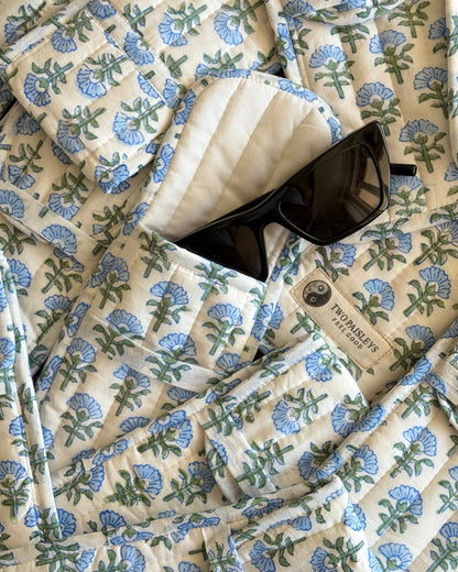 Blue  Blossom Floral-patterned fabric with sunglasses on a sunglasses pouch