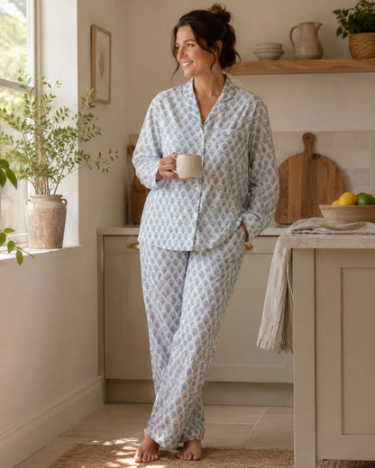 Women’s Blue Blossom hand block printed cotton pyjama set in a relaxed fit