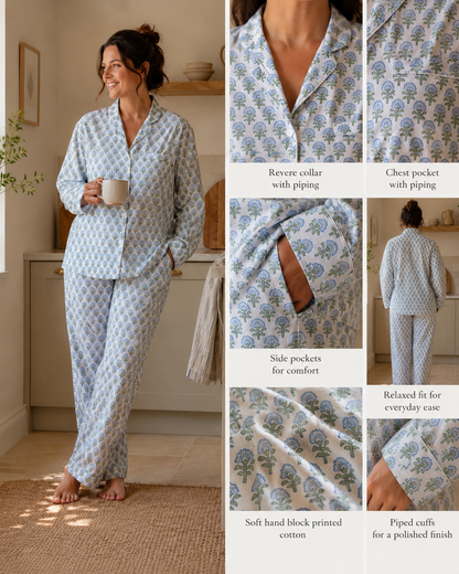 Blue Blossom cotton pyjama set showing revere collar, chest pocket, side pockets, back view and piped cuffs