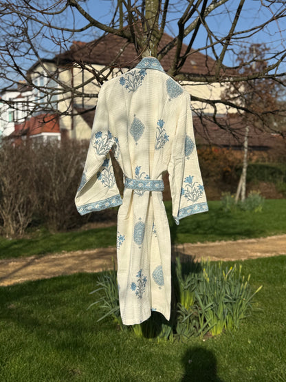 Block Print Waffle  Cotton Bathrobe | Dressing Gown | Blue Lagoon