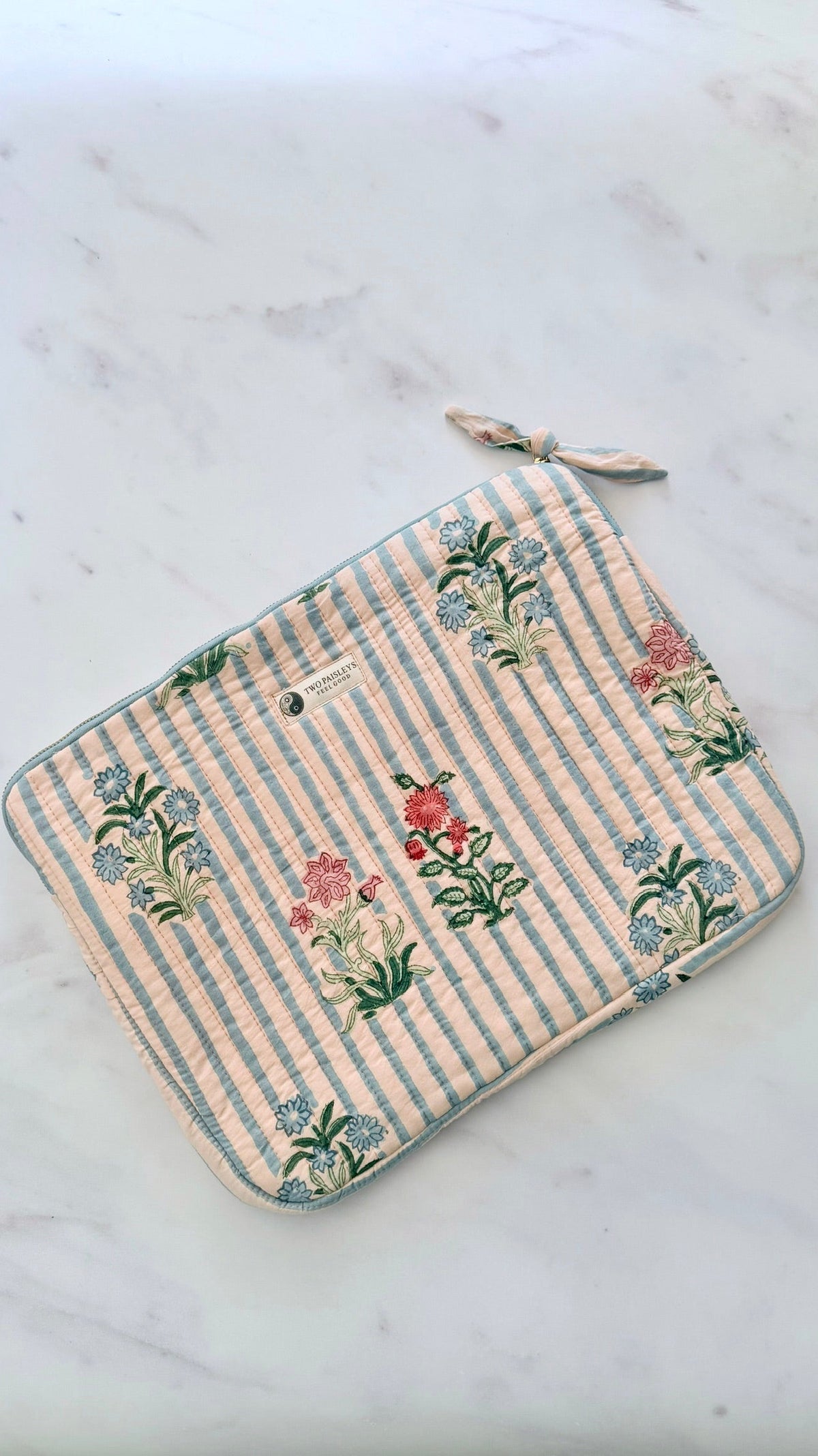 Blue & Light Peach Striped Quilted  Laptop Sleeve 