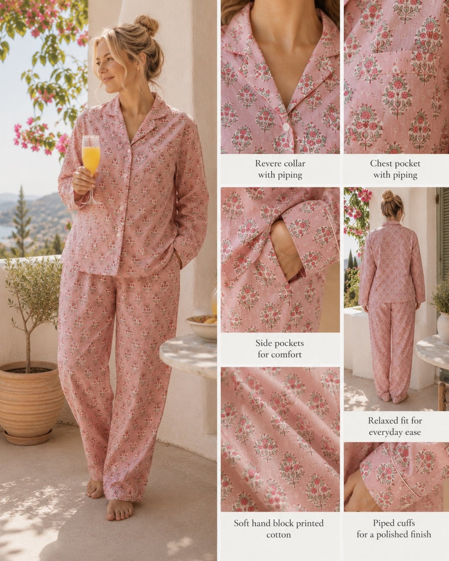 Blush Floral cotton pyjama set showing revere collar, chest pocket, side pockets, back view and piped cuffs