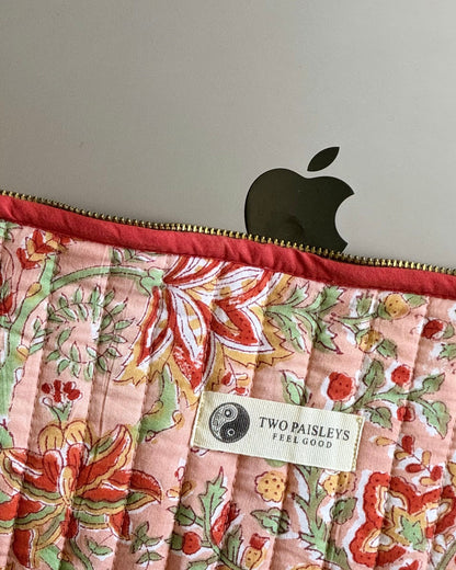Eco-friendly cotton quilted laptop sleeve with MacBook Air, handblock floral design.
