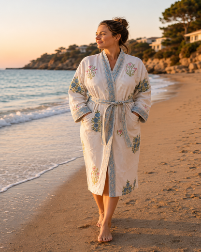 A woman stands barefoot on a sandy beach at sunset wearing a cream-colored waffle cotton robe with blue and pink floral block print motif and a matching tie belt.