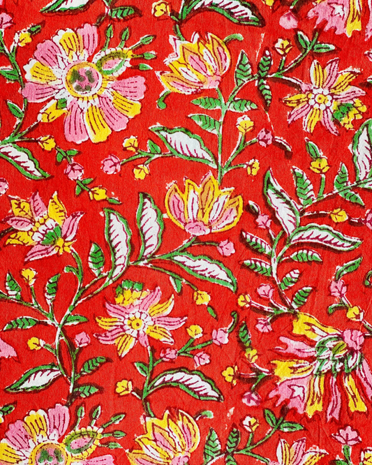 Crimson Tide Floral Cotton Block Print Fabric