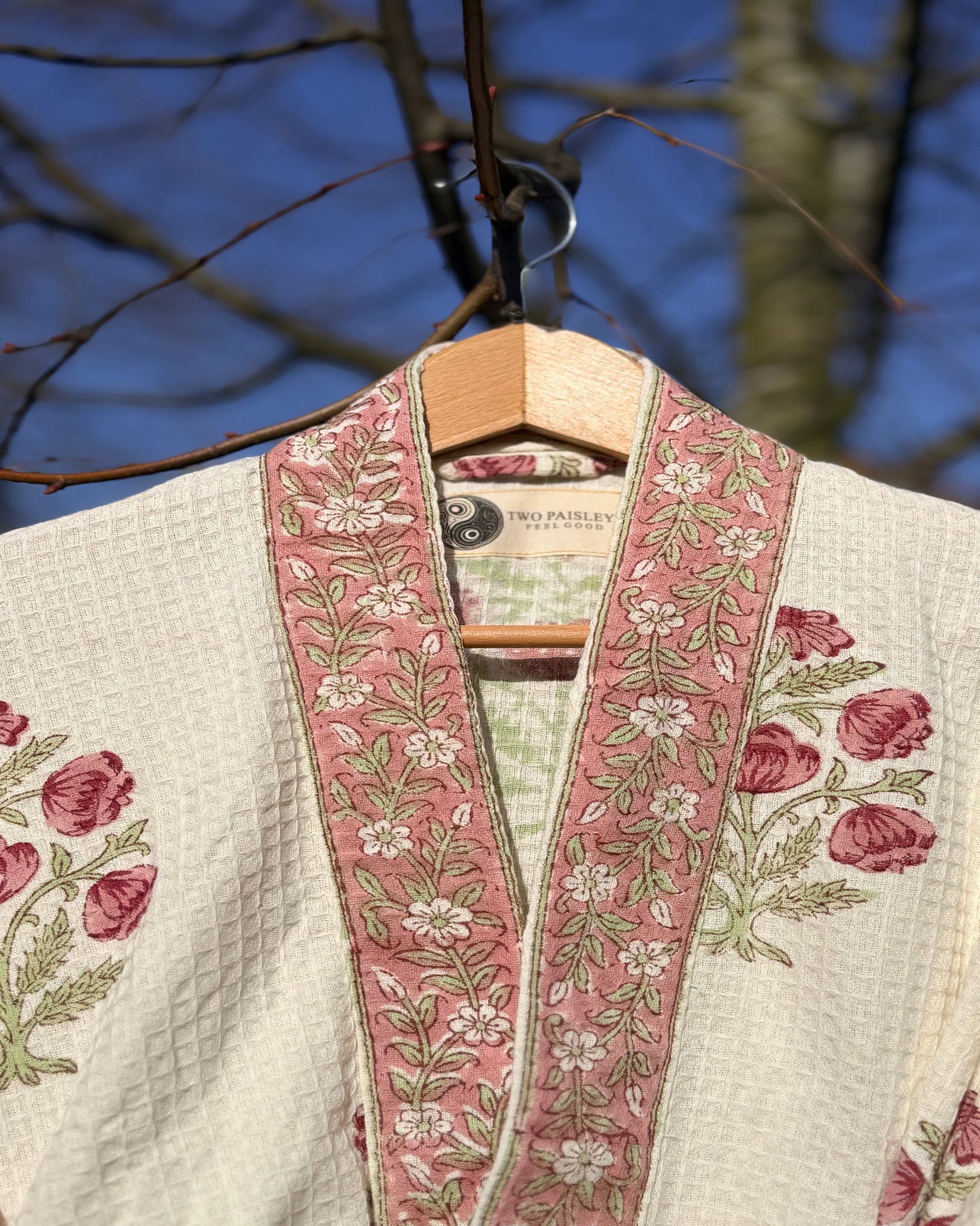 Hand block printed dusky pink motif on soft  cream background