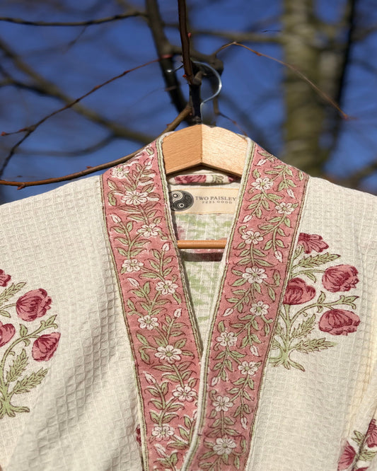 Hand block printed dusky pink motif on soft  cream background