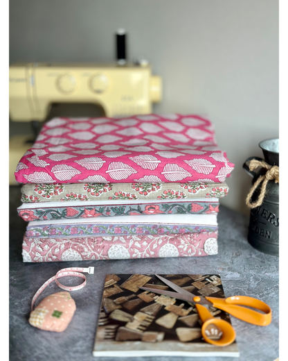 Fuchsia with Border Floral Cotton Block Print Fabric