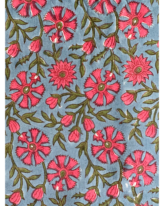 Summer Fuchsia with Border Floral Cotton BlockPrint Sewing Craft Fabric