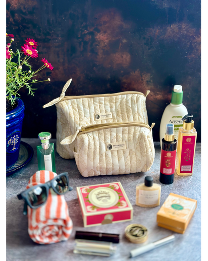 Henna Tattoo Quilted Wash Bag styled with cosmetics and toiletries