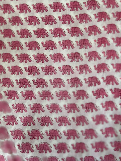 Pink Elephant Hand Block Printed Cotton Sewing Craft Fabric