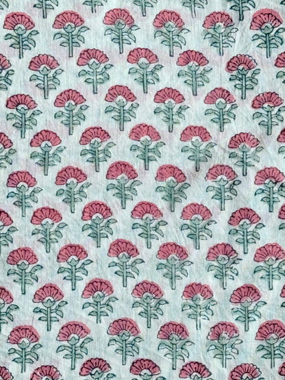 Blue Pink Blossom Floral Cotton Blockprint Sewing Craft Fabric