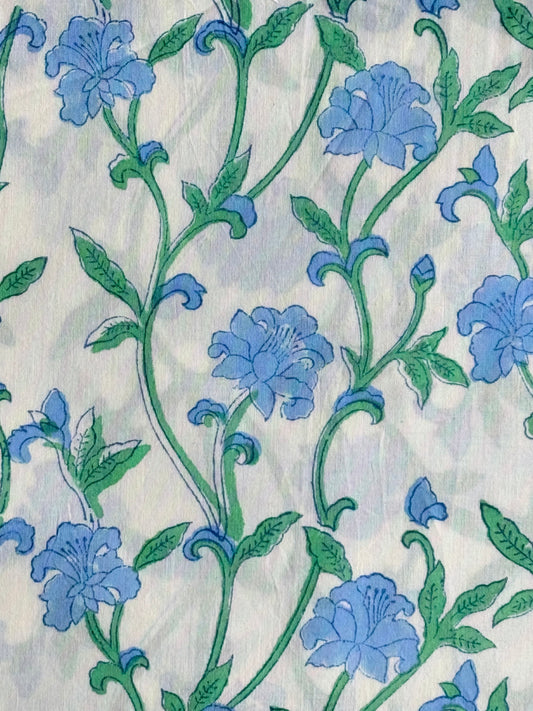 Blue Wildflower Cotton BlockPrint Sewing Craft Fabric