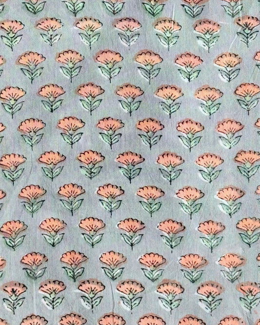 Pattern of pink flowers on a light blugreye background