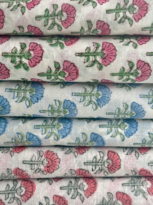 Blue Pink Blossom Floral Cotton Blockprint Sewing Craft Fabric