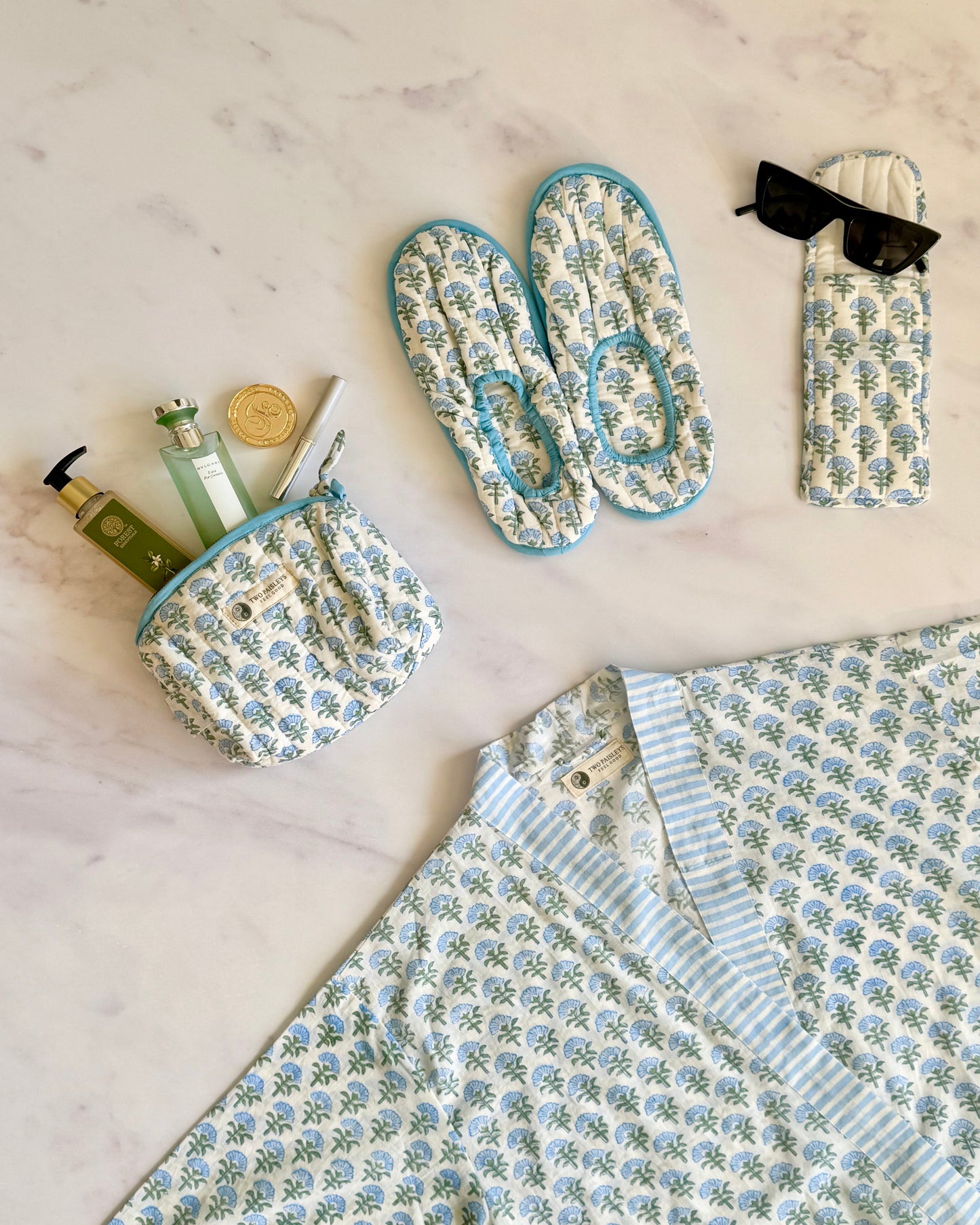 Blue Blossom Cotton Gift Set – Robe, Makeup Bag, Slippers & Sunglasses Case