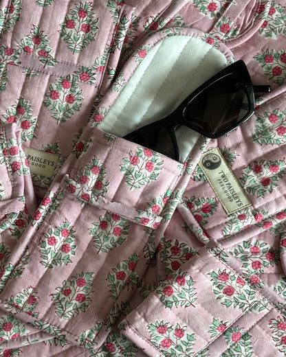 Handblock Quilted Glasses Case In Pink  & Sage Green Florals Cotton Block Print 