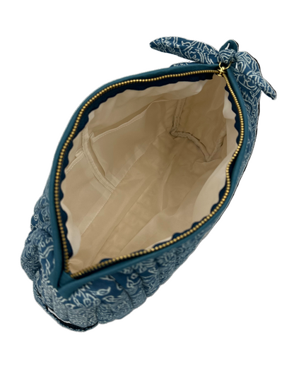 Inside view of Indigo Paisley Travel Pouch showing waterproof lining and pockets.
