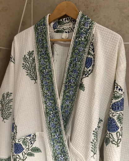 Zoomed in blue & green block printed waffle robe