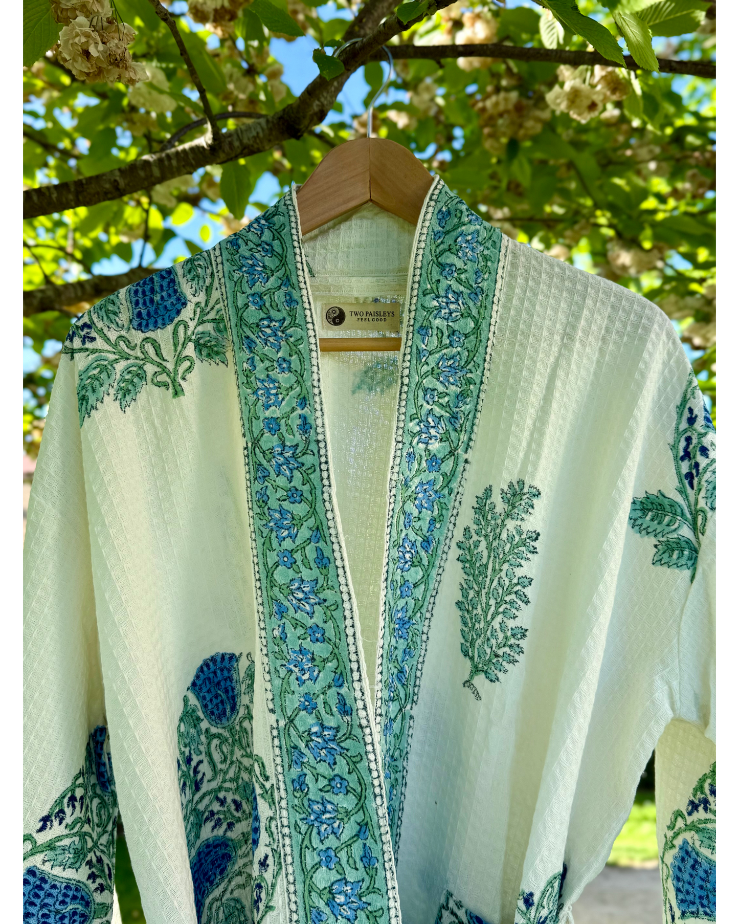Amer Block Printed Waffle Cotton Bath Robe Kimono Dressing Gown