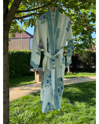 Amer Block Printed Waffle Cotton Bath Robe Kimono Dressing Gown