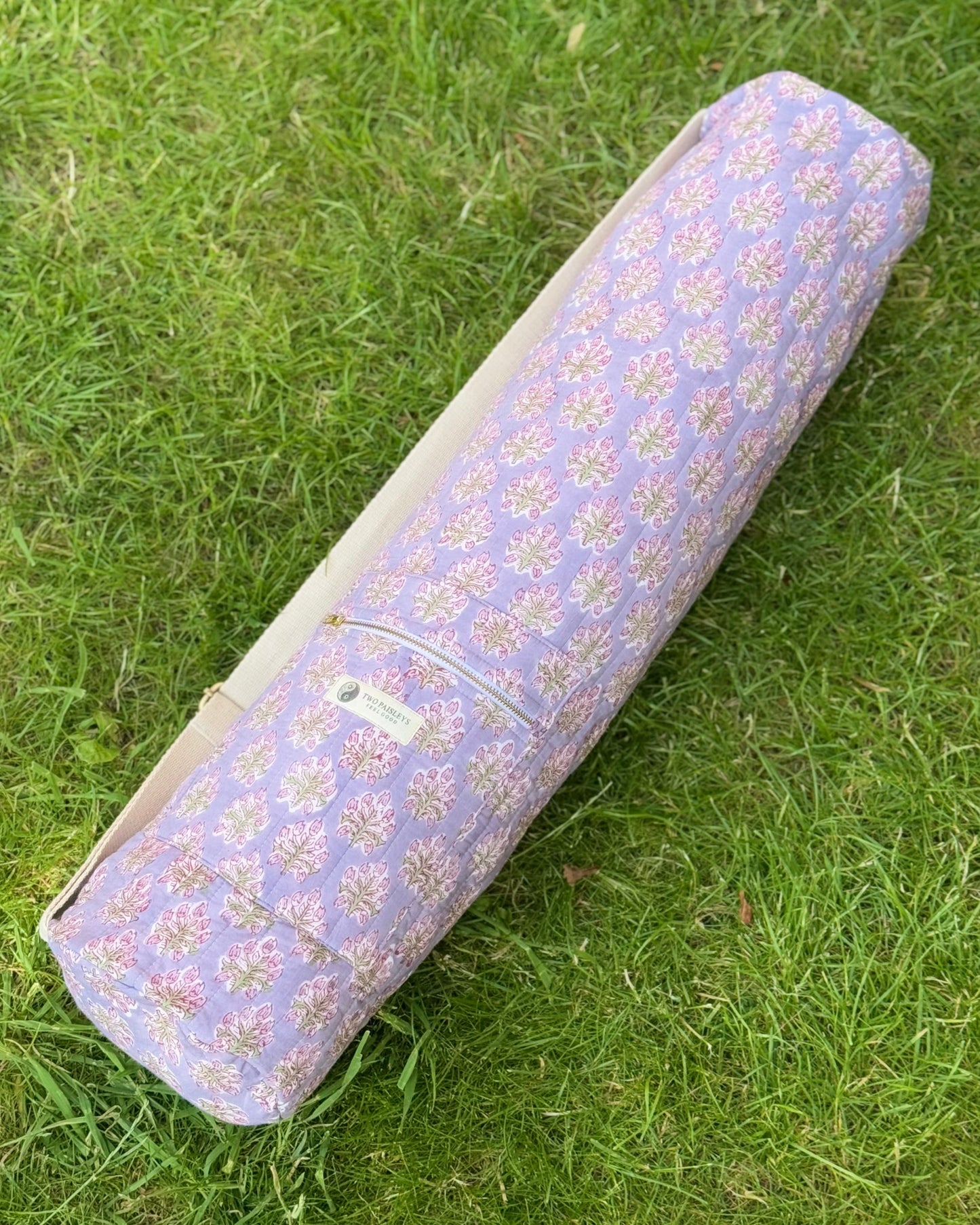 Yoga mat Cover with lilac  floral pattern on grass