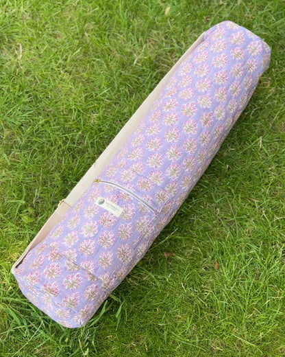 Yoga mat Cover with lilac  floral pattern on grass