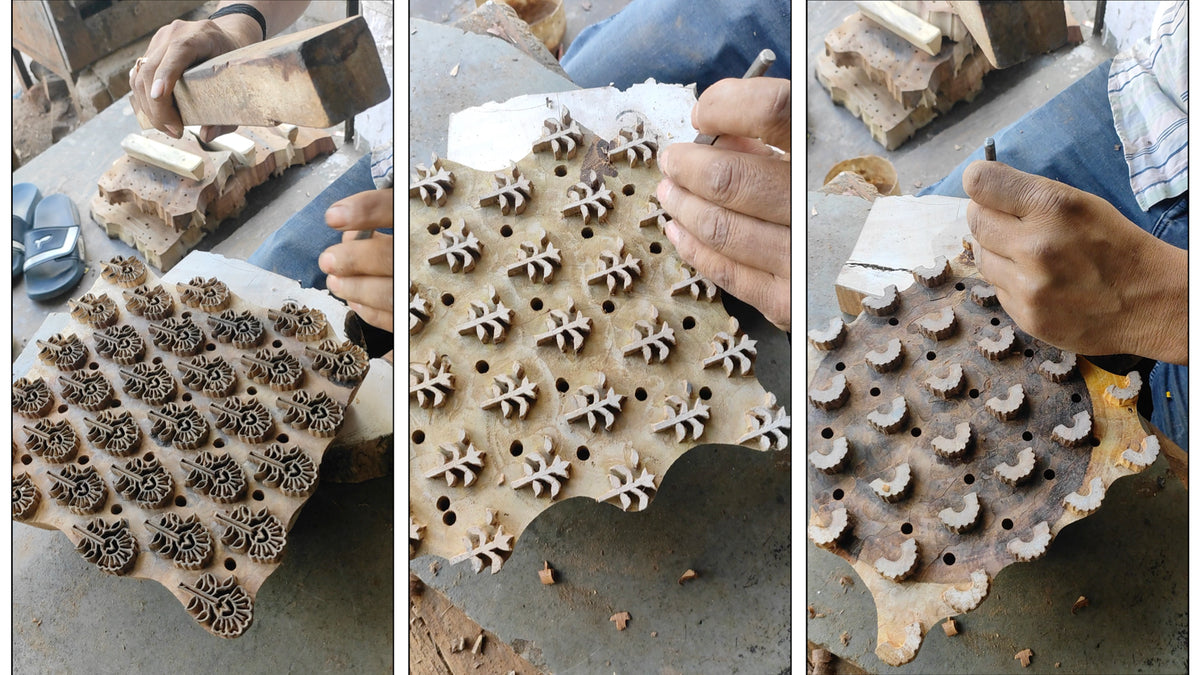 A Jaipur craftsperson carving wooden printing blocks by hand