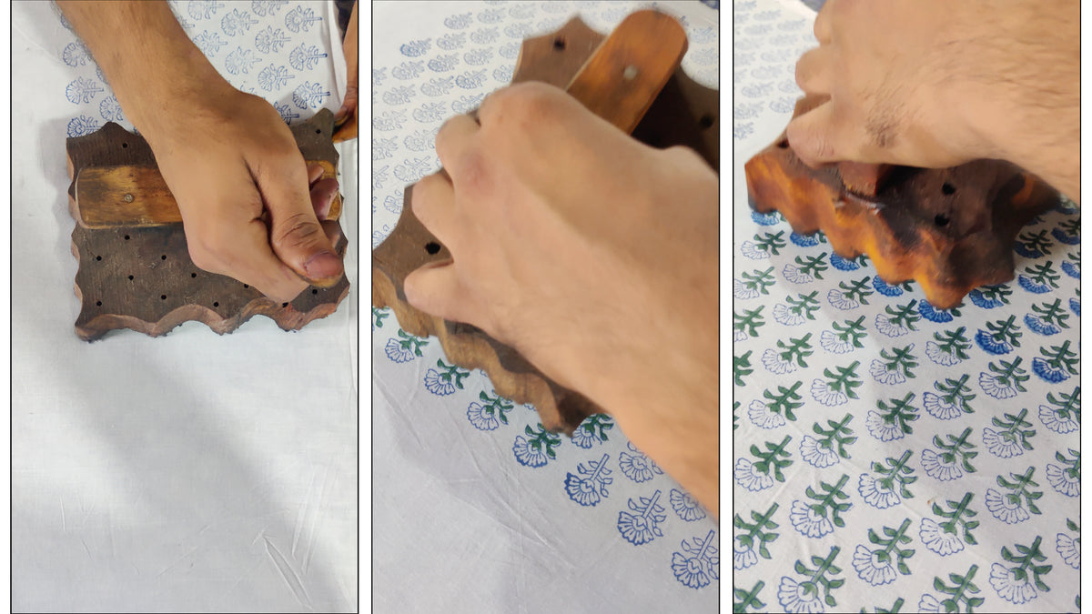 A wooden block being carved for hand block printing