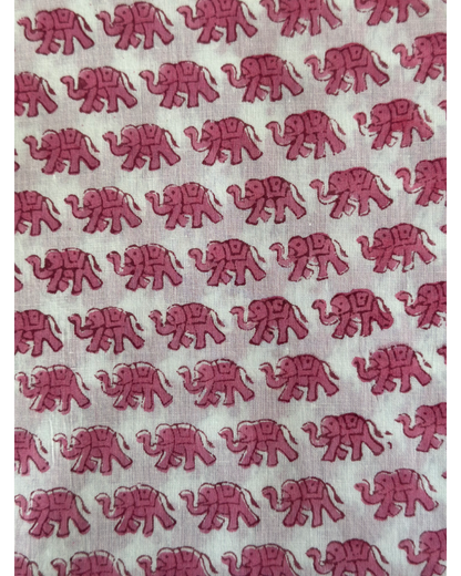 Pink Elephant Hand Block Printed Cotton Sewing Craft Fabric