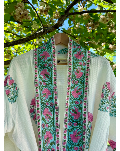 Johri Block Printed Waffle Cotton Bath Robe Kimono Dressing Gown
