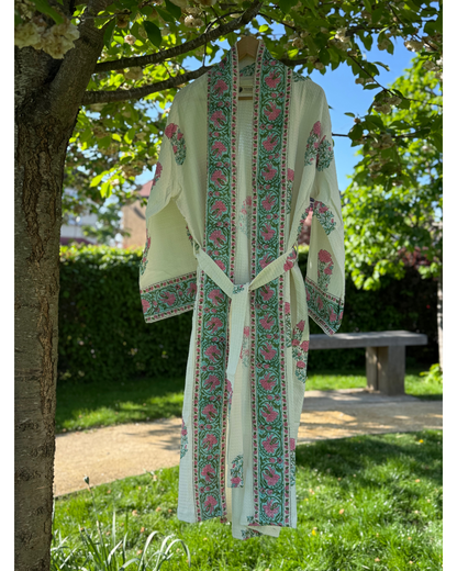 Amer Block Printed Waffle Cotton Bath Robe Kimono Dressing Gown