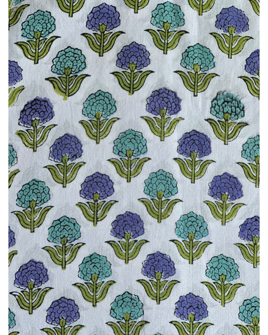 A close-up of the Serene Hydrangea Hand Block Print Cotton Fabric, showcasing the floral buti pattern with alternating periwinkle blue and turquoise hydrangeas