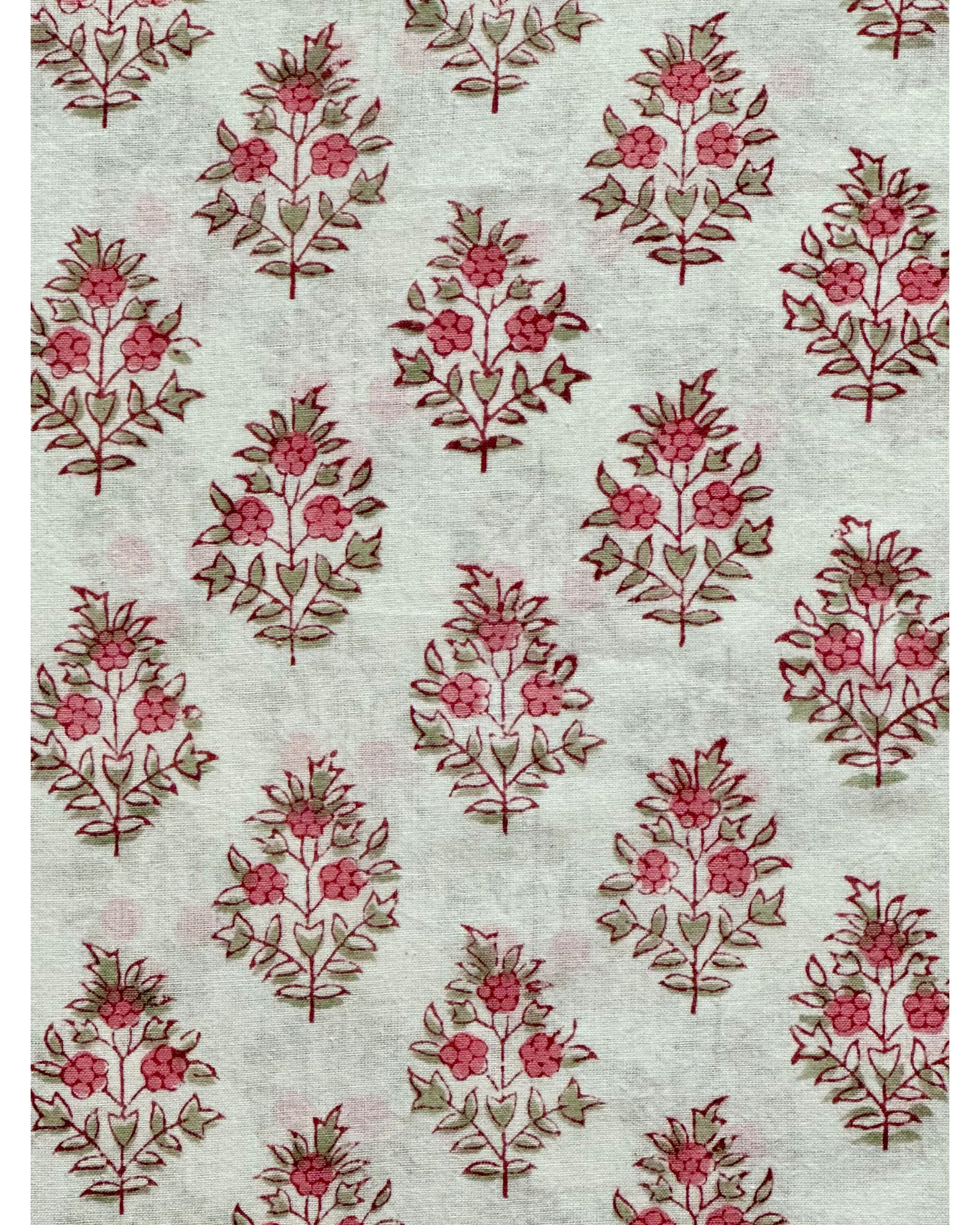 A close-up of the Vintage Floral Hand Block Print Cotton Fabric, showcasing the classic buta motif with dusty rose flowers on a natural cotton background