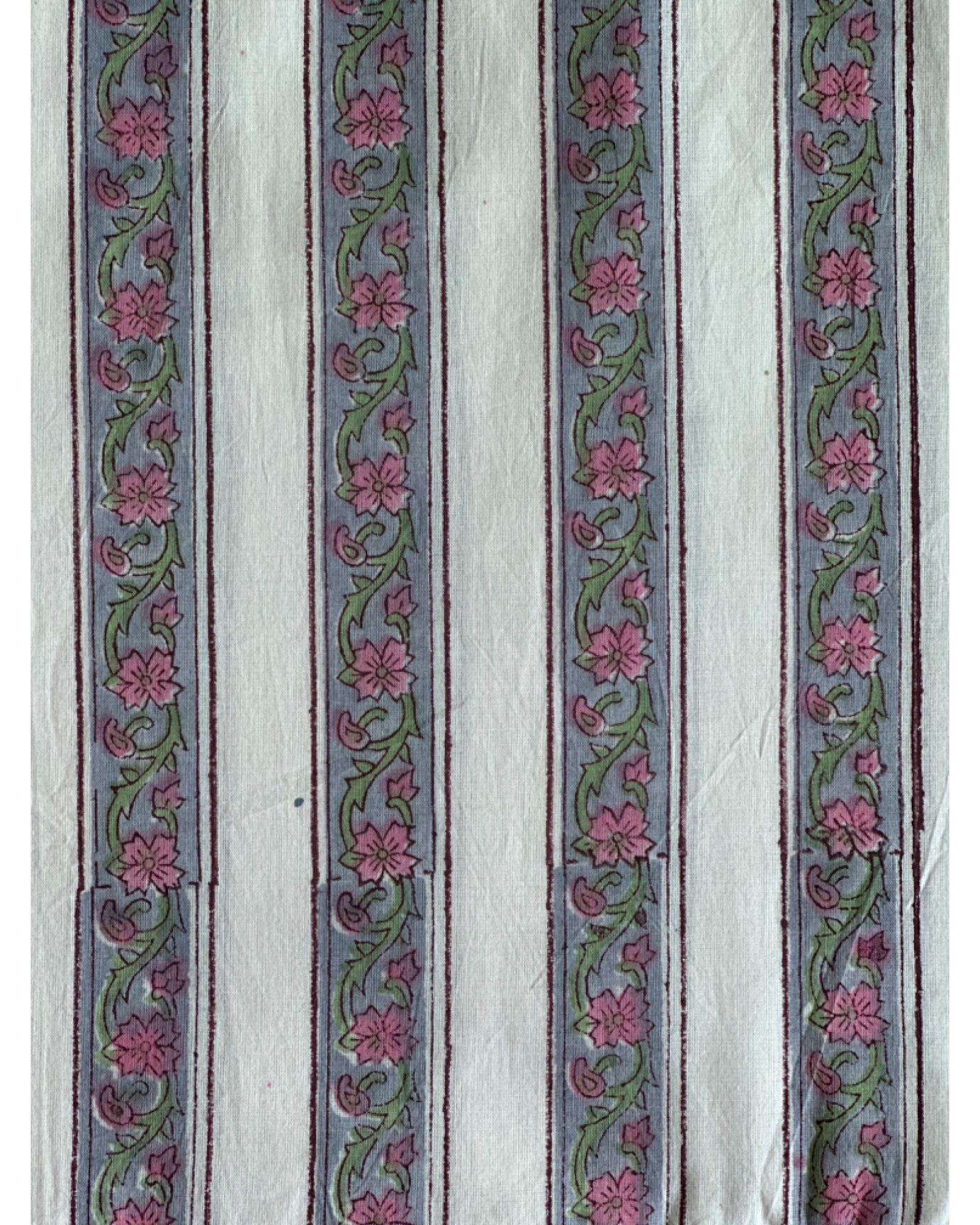 A close-up of the Vintage Rose Vine Hand Block Print Cotton Fabric, showcasing the elegant vertical floral stripe pattern in dusty rose and muted .