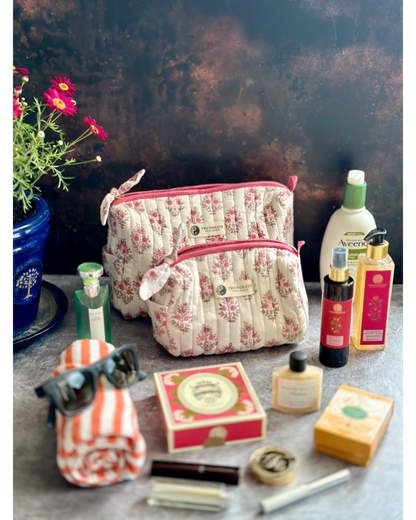 Vintage Floral Quilted Wash Bag styled with cosmetics and toiletries.