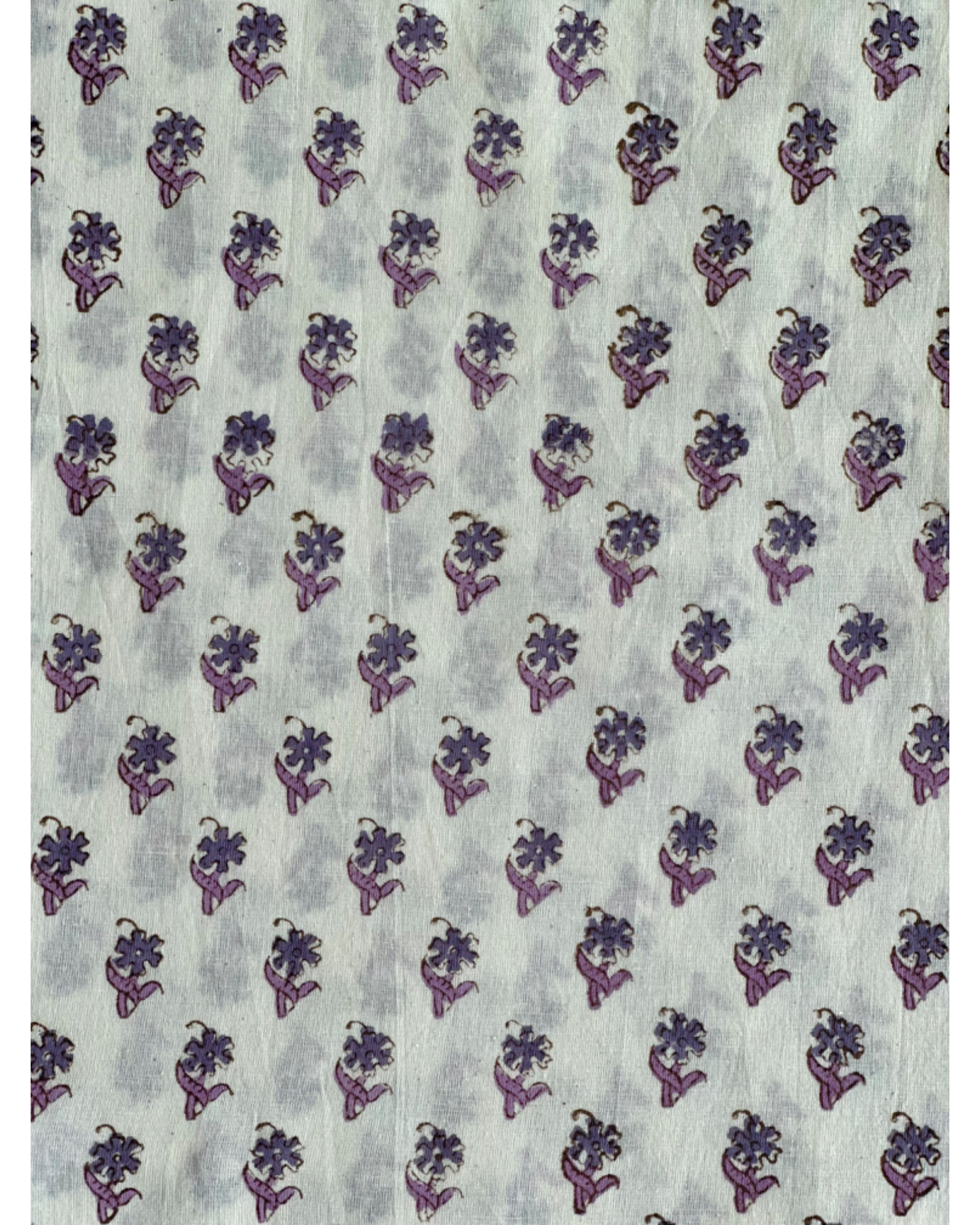 A close-up of the Violet Whisper Hand Block Print Cotton Fabric, showcasing the sweet and tiny floral buti pattern in shades of violet on a white background