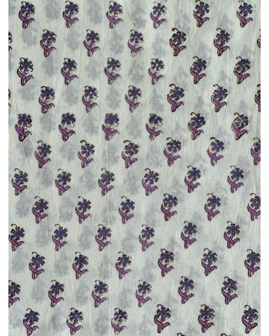 A close-up of the Violet Whisper Hand Block Print Cotton Fabric, showcasing the sweet and tiny floral buti pattern in shades of violet on a white background
