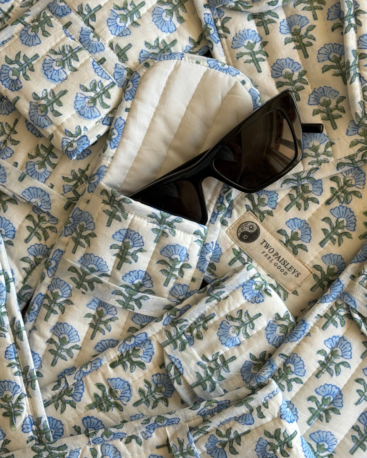 Quilted Glasses Pouch In Blue Floral Cotton Block Print
