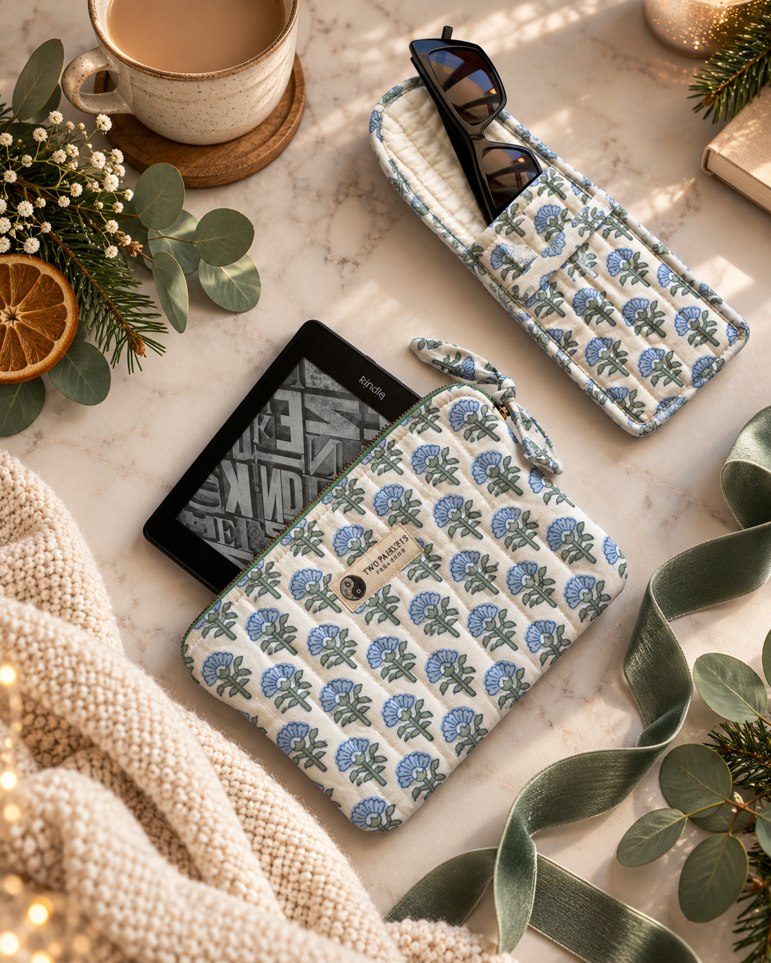 Luxury Curated Gift Bundle For Kindle Readers Featuring Quilted Sleeve And Glasses Case In Blue & Green Florals