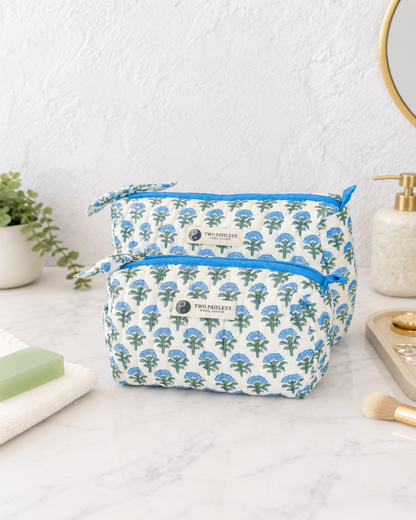 Blue Blossom Quilted Wash Bag Duo Gift Set In Blue Floral Block Print Cotton