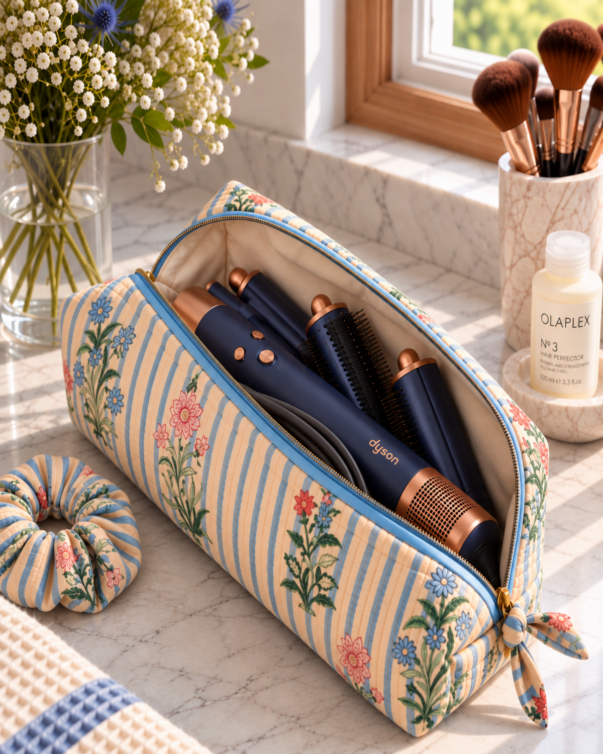 Open Two Paisleys Blue Stripe Floral quilted cotton travel bag holding a Dyson Airwrap multi-styler and attachments on a vanity